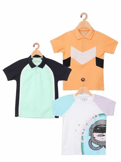 

GOJI Kids Blue & Orange Colourblocked Polo Collar T-shirt Pack Of 3
