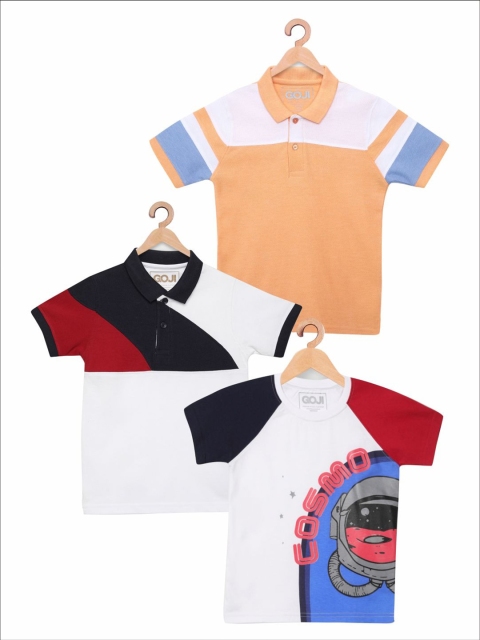 

GOJI Kids Multicoloured Set Of 3 Colourblocked Polo Collar T-shirt, Multi