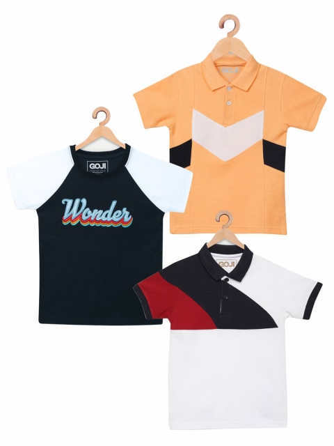 

GOJI Kids Navy Blue & Peach-Coloured Pack of 3 Colourblocked Polo Collar Cotton T-shirt