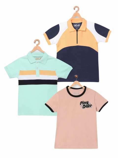 

GOJI Kids Pack of 3 Navy Blue & Peach-Coloured Polo Collar T-shirts