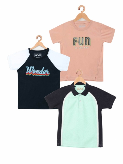 

GOJI Kids Navy Blue & Green Typography Pack of 3 Printed Cotton T-shirt