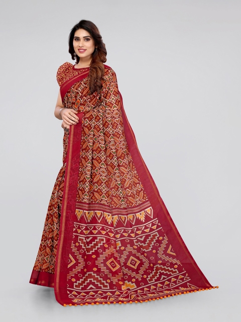 

MIRCHI FASHION Red & Orange Ethnic Motifs Ikat Cotton Saree