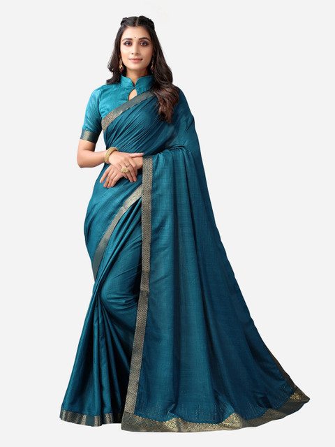 

SIRIL Teal Blue & Golden Solid Poly Silk Saree