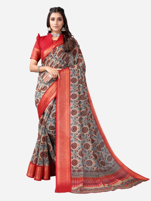 

SIRIL Grey & Red Ethnic Motifs Polycotton Saree