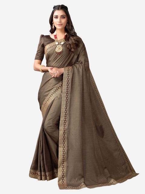 

SIRIL Brown & Golden Solid Poly Silk Saree