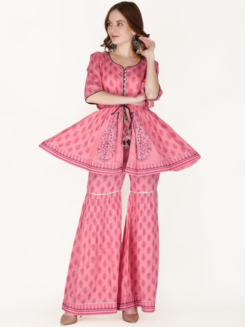 

MYAZA Women Peach-Coloured Ethnic Motifs Embroidered Kurti with Sharara