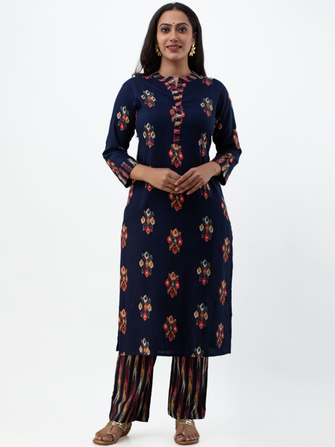 

MYAZA Women Navy Blue Floral Printed Pleated Thread Work Kurti with Palazzos