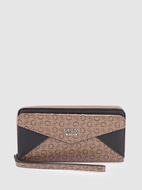 

GUESS Women Brown & Black Brand Logo Print Zip Around Wallet