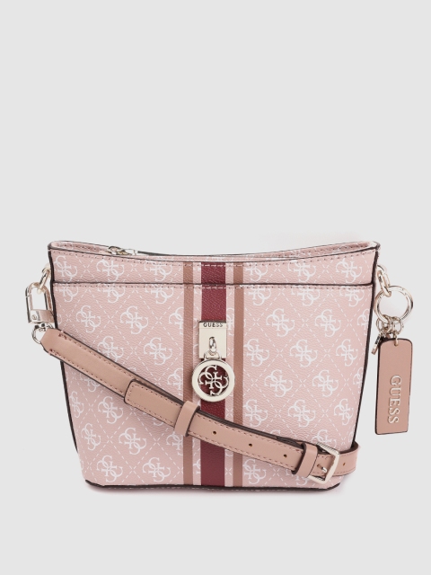 

GUESS Peach-Coloured & White Brand Logo Print Structured Sling Bag