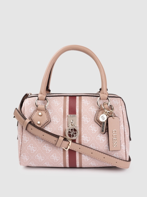 

GUESS Pink & White Checked Structured Handheld Bag with Tab & Detachable Sling Strap