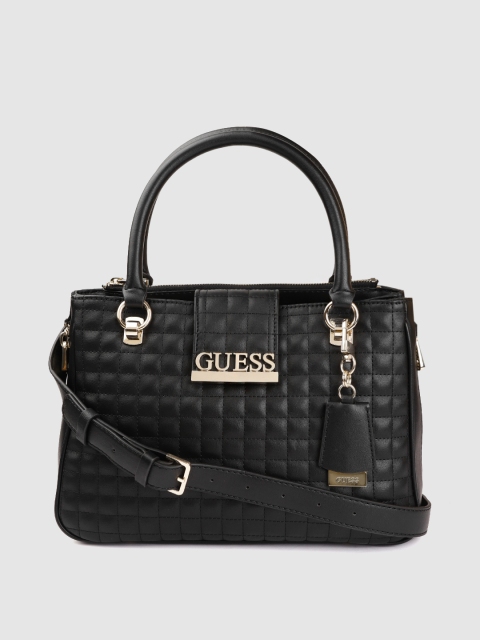 

GUESS Black Quilted Handheld Bag with Tab & Detachable Sling Strap & Side Zippers