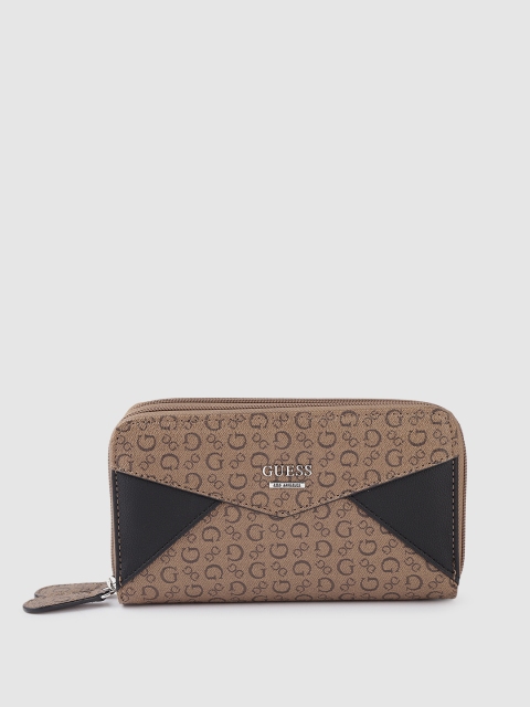 

GUESS Women Brown & Black Brand Logo Print Zip Around Wallet