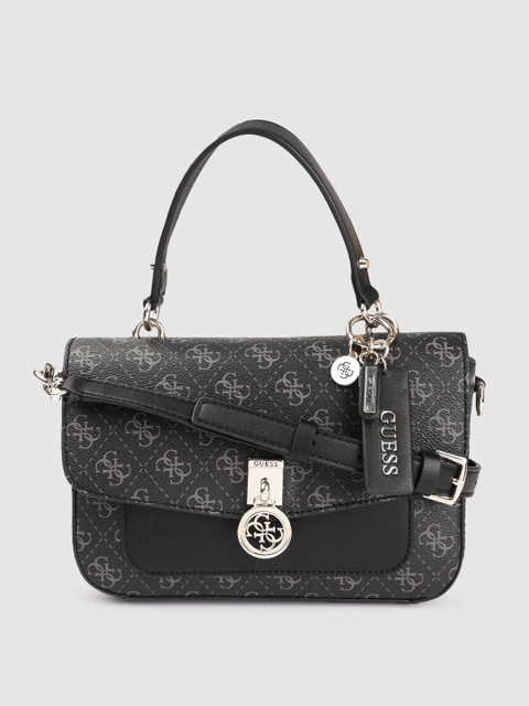 

GUESS Black & Grey Brand Logo Print Structured Satchel