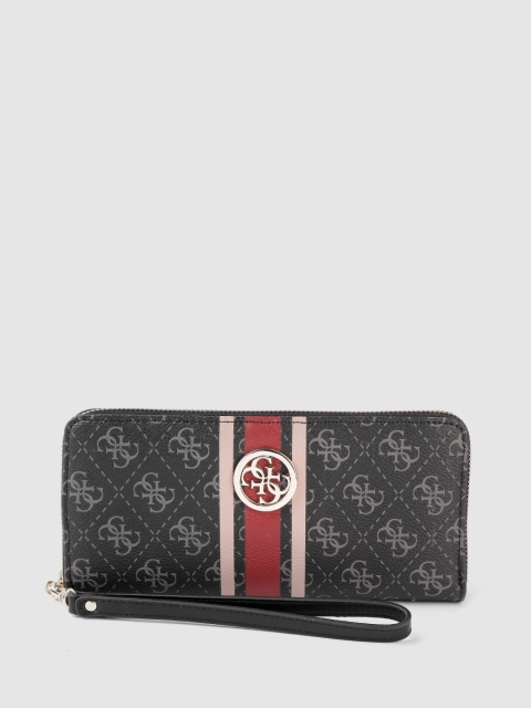 

GUESS Women Black & Grey Brand Logo Print Zip Around Wallet