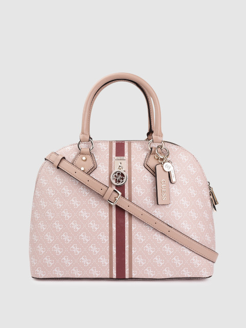 

GUESS Peach-Coloured & White Brand Logo Print Structured Handheld Bag
