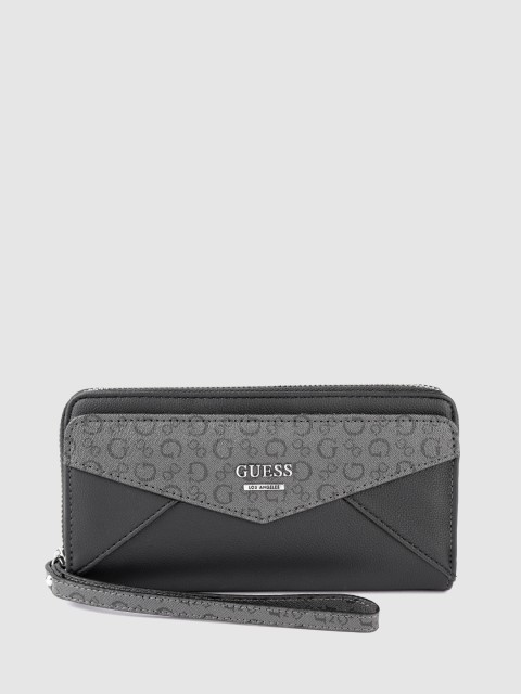 

GUESS Women Black & Grey Brand Logo Print Zip Around Wallet