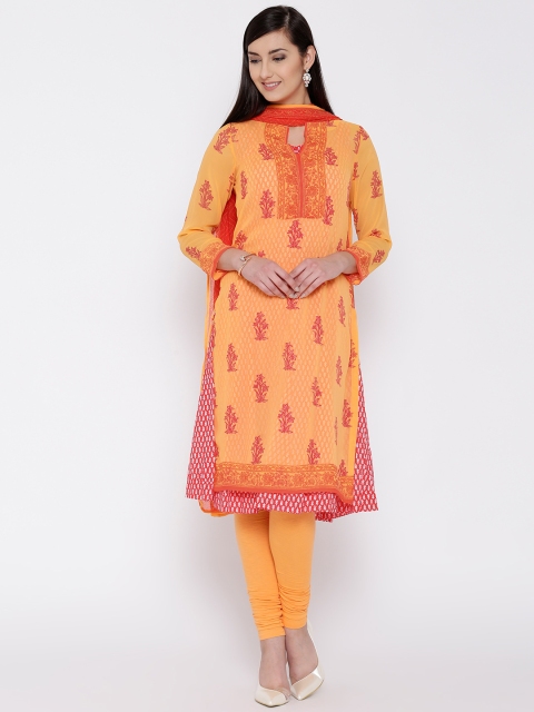 

Biba Orange Printed Layered Churidar Kurta with Dupatta