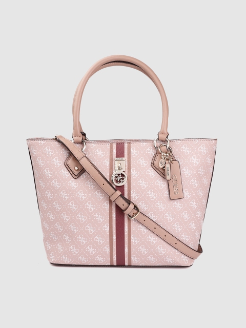 

GUESS Peach-Coloured & White Brand Logo Print Structured Handheld Bag
