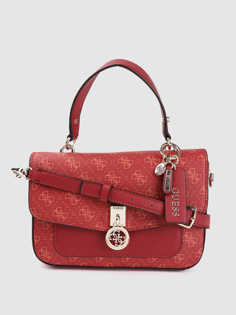 

GUESS Red & Orange Brand Logo Print PU Structured Satchel