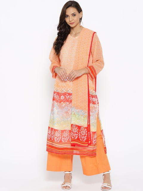 

Biba Orange & Off-White Printed Kurta with Palazzos & Dupatta