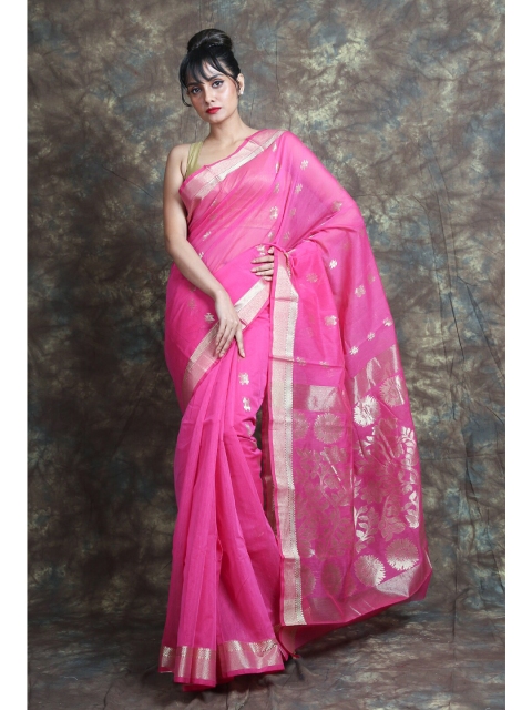 

Arhi Pink & Gold-Toned Ethnic Motifs Zari Silk Cotton Saree