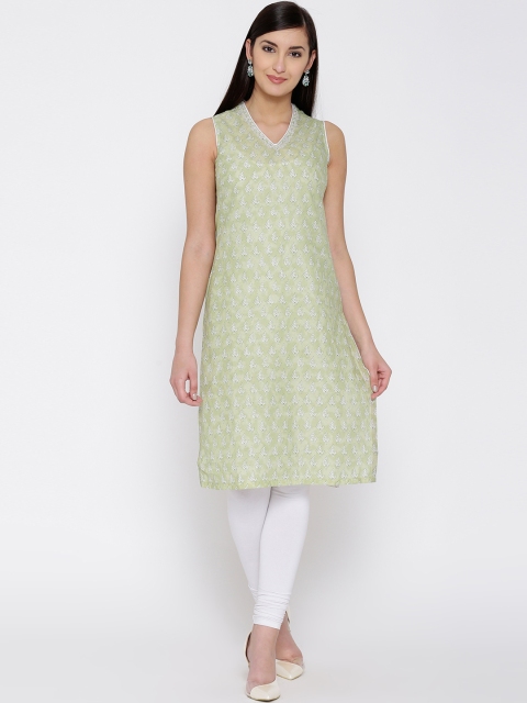 

Biba Women Green & Off-White Printed Straight Kurta