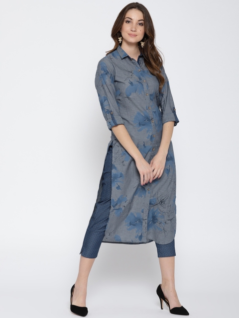

Biba Women Blue & Grey Printed Pathani Kurta