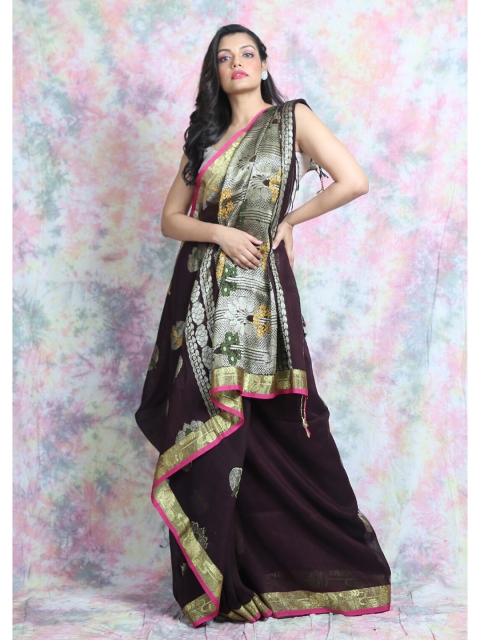 

Arhi Brown & Silver-Toned Ethnic Motifs Zari Pure Linen Saree