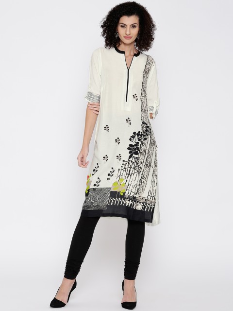 

Biba Women White Printed Straight Kurta