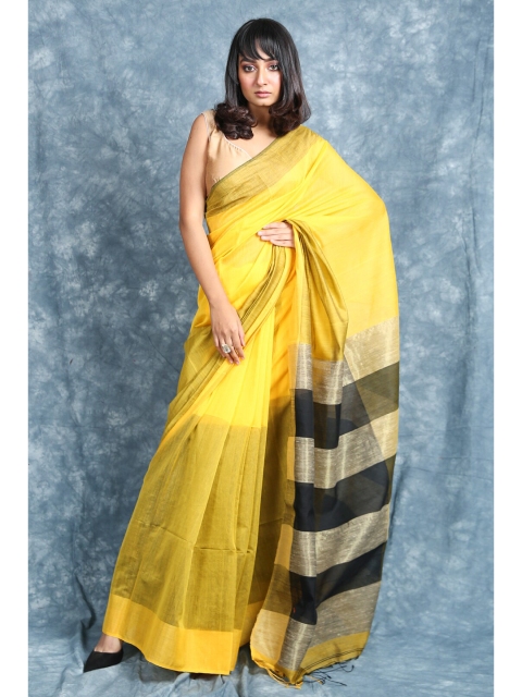 

Arhi Yellow & Black Striped Cotton Blend Saree