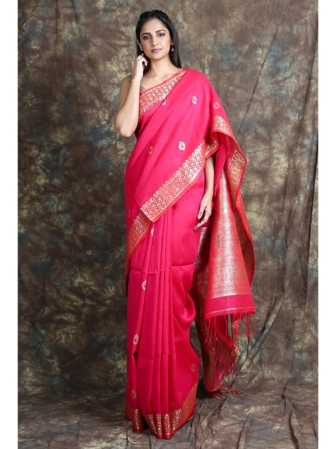 

Arhi Pink & Gold-Toned Ethnic Motifs Zari Pure Linen Banarasi Saree
