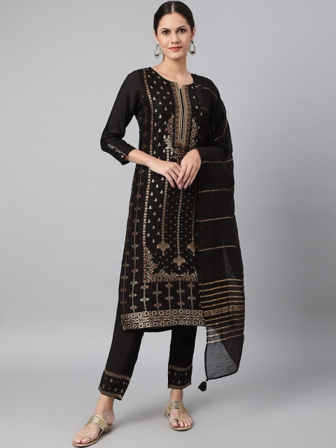 

Os Women Black Ethnic Motifs Printed Empire Pure Silk Kurta with Trousers & With Dupatta