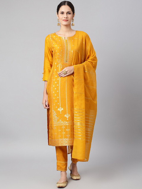 

Os Women Mustard Yellow Ethnic Motifs Embroidered Panelled Pure Silk Kurti with Trousers & With Dupatta