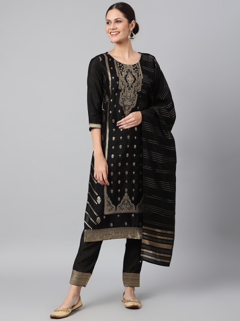 

Os Women Black Ethnic Motifs Embroidered Panelled Pure Silk Kurta with Trousers & With Dupatta