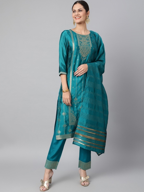 

Os Women Teal Ethnic Motifs Pure Silk Kurta with Trousers & With Dupatta