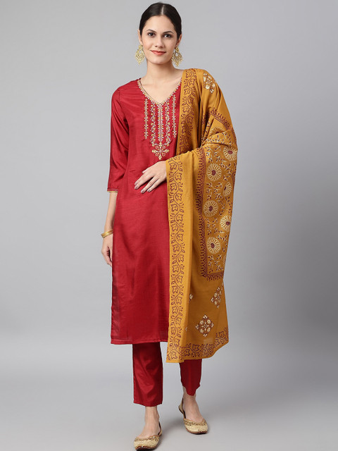 

Os Women Red Layered Kurta with Trousers & With Dupatta