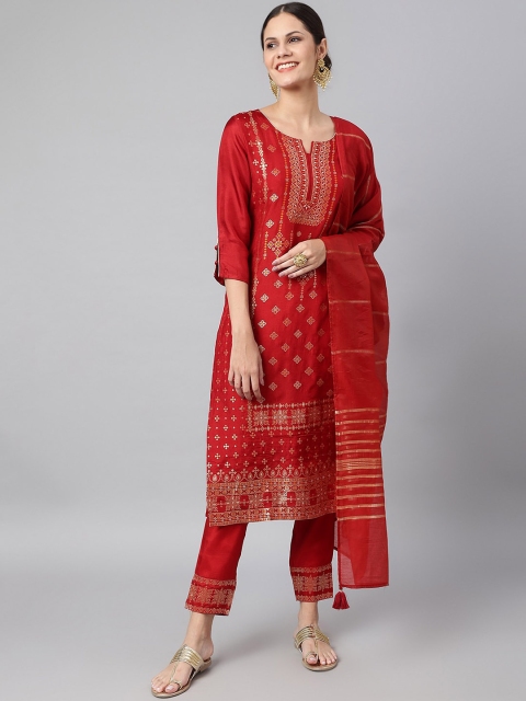 

Os Women Red Embroidered Panelled Pure Silk Kurti with Trousers