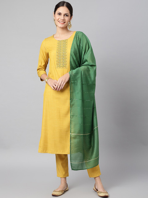 

Os Women Yellow Ethnic Motifs Yoke Design Panelled Pure Cotton Kurti with Trousers & With Dupatta