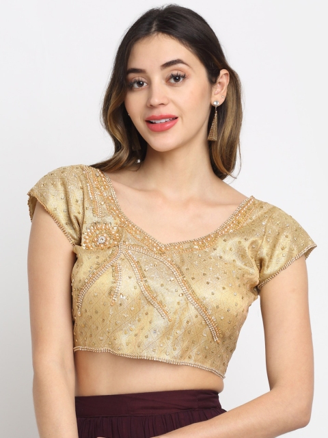 

Grancy Women Golden Embellished Silk Saree Blouse, Gold