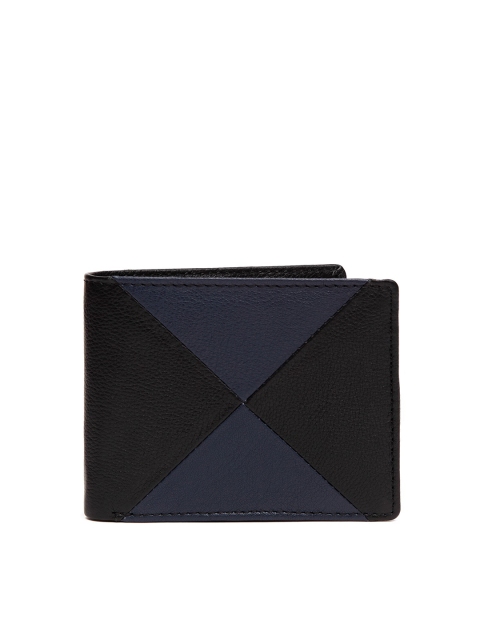 

AVOLT Men Black & Blue Colourblocked Leather RFID Two Fold Wallet