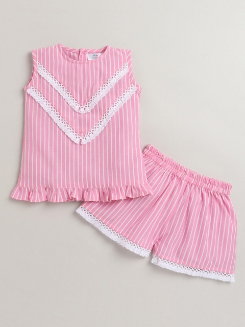 

Knitting Doodles Girls Pink & White Striped Pure Cotton Top with Shorts