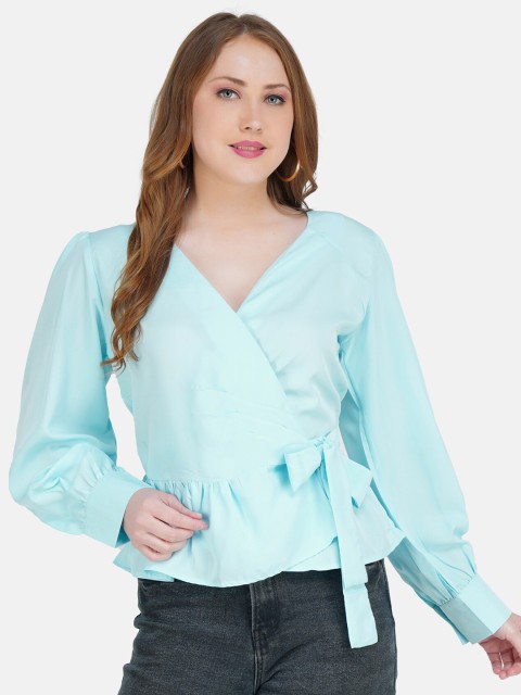 

STALK Turquoise Blue Bishop Sleeves Crepe Wrap Top
