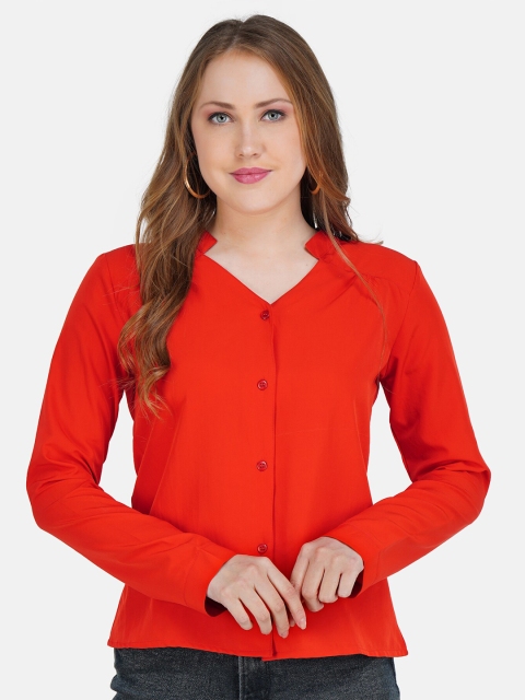 

STALK Red Mandarin Collar Crepe Shirt Style Top