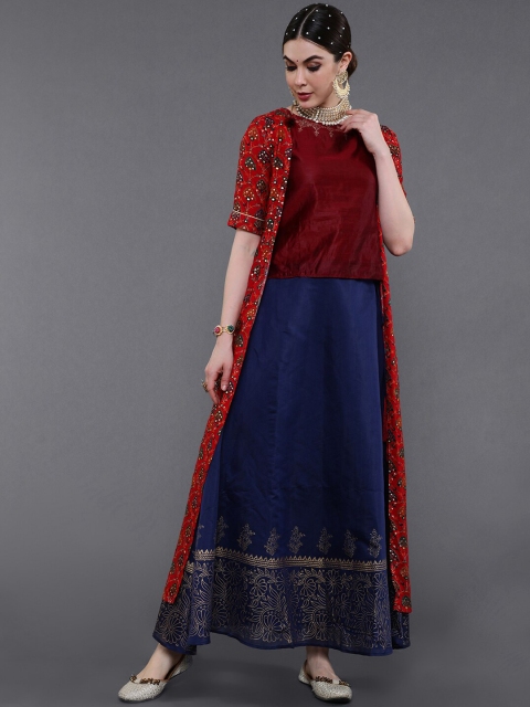 saubhagya Women Red Floral Lightweight Longline Tailored Jacket