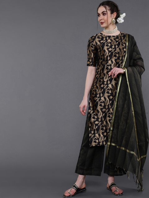 

saubhagya Women Black Ethnic Motifs Printed Panelled Kurta with Skirt & With Dupatta