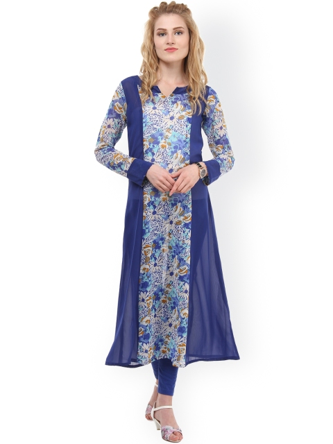 

La Firangi Women Blue Printed Crepe A-Line Kurta