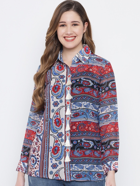 

MAXENCE Blue & Red Floral Printed Shirt Collar Kurti