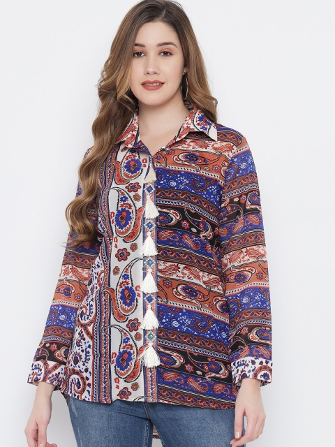 

MAXENCE White & Blue Paisley Printed Shirt Collar Kurti