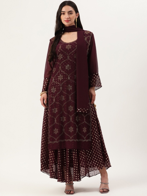 

TRENDY DIVVA Women Maroon & Golden Ethnic Motifs Embellished Georgette Anarkali Kurta With Dupatta