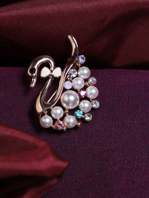 

AQUASTREET Women Rose Gold-Toned & White Stone-Studded & Pearl-Beaded Brooch